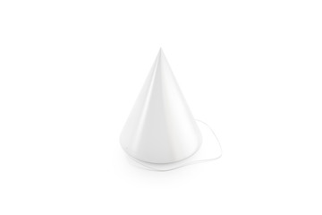 Blank white party hat mock up, isolated, 3d rendering. Empty cardboard cone mockup, side view. Clear celebration hubcap with ribbon for anniversary evening template.