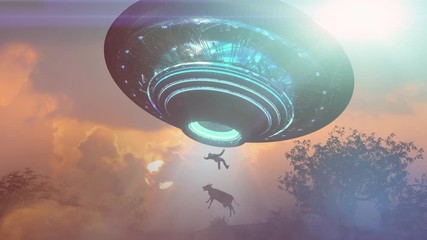Man and floating to inside of ufo alien ship.   Concept of alien abduction 3d render