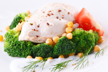 diet food. chicken breast with broccoli and chickpeas