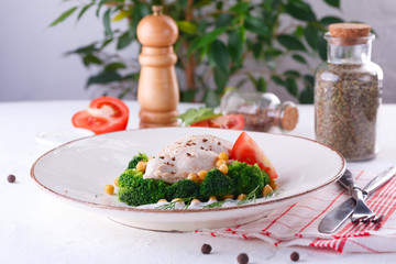 diet food. chicken breast with broccoli and chickpeas