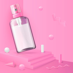 Vector 3d realistic corner wall abstract scene with podium and cosmetics bottle, pink and white geometric shapes.