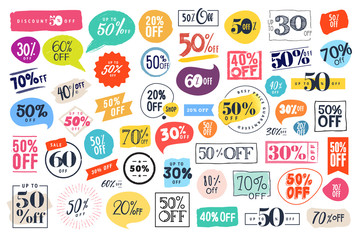 Set of labels and stickers for sale, product promotion, special offer, shopping, e-commerce. Isolated vector illustrations for web design and marketing material. - obrazy, fototapety, plakaty