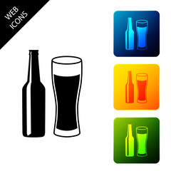 Beer bottle and glass icon isolated on white background. Alcohol Drink symbol. Set icons colorful square buttons. Vector Illustration