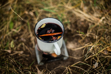 Mulled wine in a metal cup with clove cinnamon, star anise and cardamom