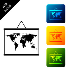 World map on a school blackboard icon isolated on white background. Drawing of map on chalkboard. Set icons colorful square buttons. Vector Illustration