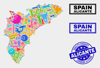 Obraz premium Vector collage of tools Alicante Province map and blue watermark for quality product. Alicante Province map collage made with tools, wrenches, science icons.