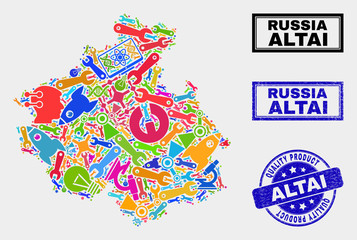 Vector collage of service Altai Republic map and blue watermark for quality product. Altai Republic map collage made with tools, spanners, production icons.