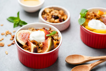 Granola with figs and yogurt in a bowl. Healthy food, clean eating, weight loss concept