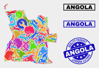 Vector collage of service Angola map and blue seal for quality product. Angola map collage made with equipment, spanners, production symbols.