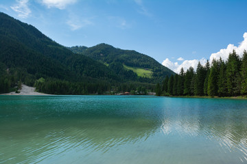 Lago di Dobbiaco in Dolomites, Italy. Beautiful alpine landscape.