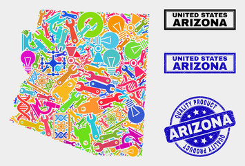 Vector collage of industrial Arizona State map and blue stamp for quality product. Arizona State map collage formed with tools, wrenches, science symbols.