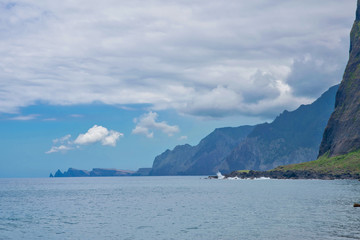 Best panorama viewpoint (Crane Viewpoint) in Faial city to the rocks, cliffs and Atlantic ocean, Madeira isand, Protugal in summer sunny day 