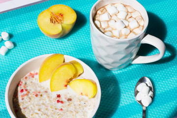 Cereals with milk and coffee. Healthy and tasty breakfast.