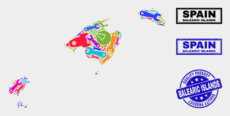 Vector collage of service Balearic Islands map and blue watermark for quality product. Balearic Islands map collage created with tools, spanners, production symbols.