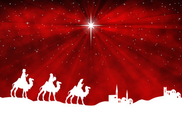 Christmas Nativity Scene white silhouette on red background