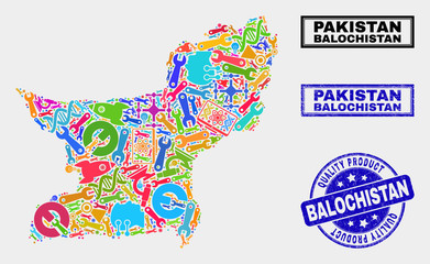Vector collage of service Balochistan Province map and blue seal for quality product. Balochistan Province map collage formed with tools, wrenches, production symbols.