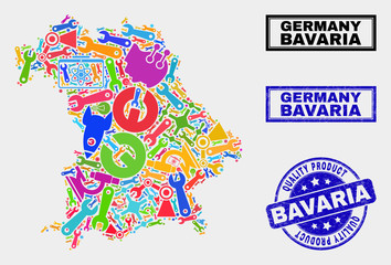 Vector composition of tools Bavaria Land map and blue stamp for quality product. Bavaria Land map collage formed with tools, wrenches, production symbols.