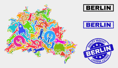 Vector collage of service Berlin City map and blue stamp for quality product. Berlin City map collage constructed with tools, wrenches, production icons.