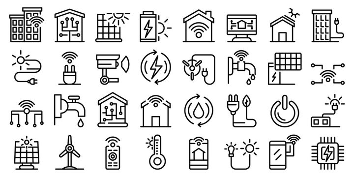 Autonomous house icons set. Outline set of autonomous house vector icons for web design isolated on white background