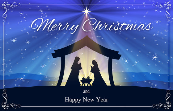 Chritmas Nativity Scene greeting card on blue starry background