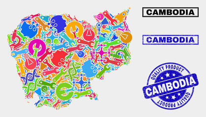 Vector collage of service Cambodia map and blue watermark for quality product. Cambodia map collage composed with tools, spanners, science symbols.