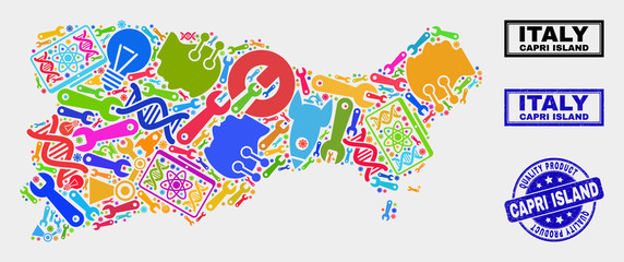 Vector composition of service Capri Island map and blue stamp for quality product. Capri Island map collage made with tools, spanners, production symbols.