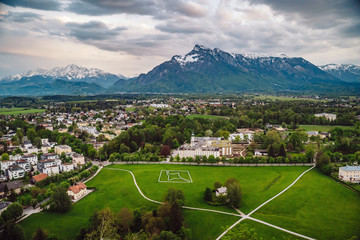 Aerial perspective view on touristic city in the valley