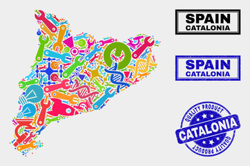 Vector collage of service Catalonia map and blue seal for quality product. Catalonia map collage composed with equipment, wrenches, industry symbols.