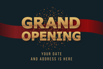 Fototapeta premium Grand opening 3d gold word sign. Vector background. Scissors cutting red ribbon design element for poster or banner for opening event.