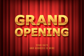 Grand opening vector banner, illustration. Template festive design element with red curtain, sign for opening ceremony