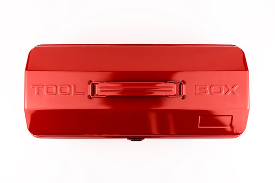 Classic Red Metal Tool Box Lid Shot From Above In Studio.