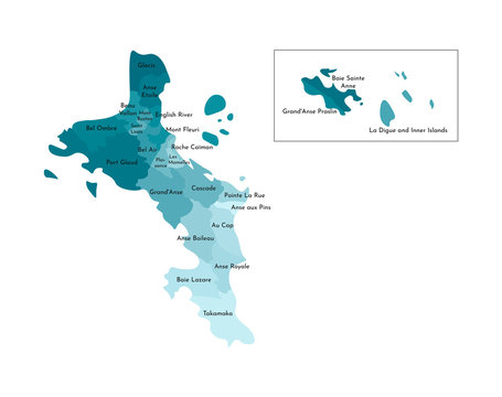 Vector isolated illustration of simplified administrative map of Seychelles (include only big islands Mah&eacute;, Praslin, La Digue). Borders and names of the districts (regions). Colorful blue silhouettes