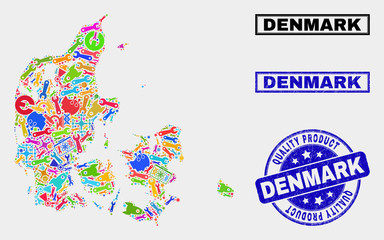 Vector collage of service Denmark map and blue seal for quality product. Denmark map collage formed with equipment, spanners, industry symbols.