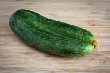 One green cucumber on a light brown background, close-up