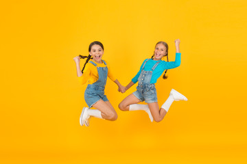 Fototapeta na wymiar Freedom value. Living happy life in free country. Patriotic upbringing. Patriotism concept. Girls with blue and yellow clothes. We are ukrainians. Ukrainian kids. Children ukrainian young generation