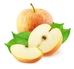 Composition with whole and cutted red apples isolated on a white background.