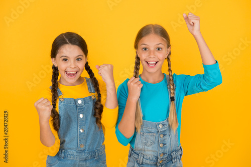 Patriotic upbringing. Independence day. Children ukrainian young generation. We are ukrainians. Ukrainian kids. Celebrate national holiday. Patriotism concept. Girls with blue and yellow clothes
