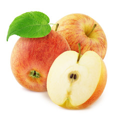 Composition with whole and cutted red apples isolated on a white background.