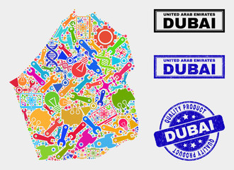 Vector collage of technology Dubai Emirate map and blue seal for quality product. Dubai Emirate map collage constructed with equipment, wrenches, science symbols.