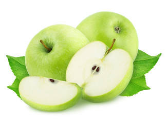 Composition with whole and cutted green apples isolated on a white background.