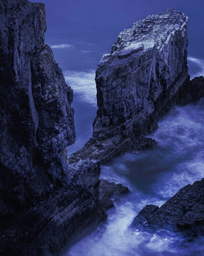 Scenic landscape of dramatic Pembrokeshire coast at night, South Wales, UK