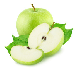Composition with whole and cutted green apples isolated on a white background.