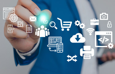 Male human wear formal work suit presenting presentation using smart device