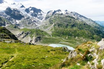 Naklejka na ściany i meble beautiful landscape with mountain glacier lake, Sustenpass, Canton Bern, Switzerland, Europe 