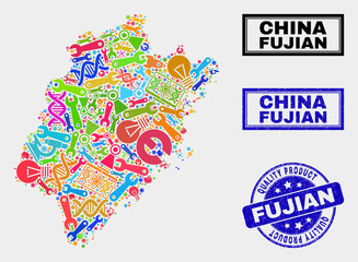 Naklejka premium Vector combination of service Fujian Province map and blue seal stamp for quality product. Fujian Province map collage composed with equipment, wrenches, science icons.