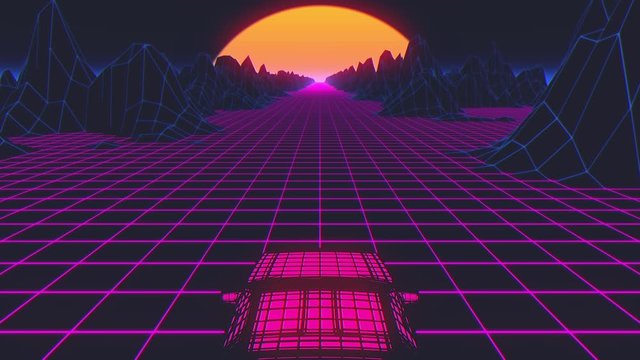 Cyberpunk car in 80s style moves on a virtual neon landscape