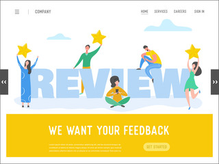 Landing page template review concept illustration. Woman and man characters writing good feedback with gold stars. Customer rate services for website or web page. Five stars positive opinion. Vector