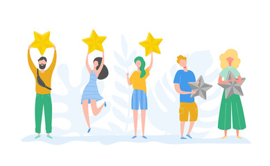 People characters holding gold stars. Men and women rate services and user experience. Juries rating in the competition. Three stars positive review, not good feedback. Vector cartoon illustration