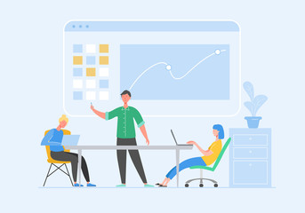 Data analysis concept with characters. Business Meeting Teamwork Concept. Man and Woman with Laptop. Colleagues Communicating Brainstorming, Discussion Idea. Vector flat cartoon illustration