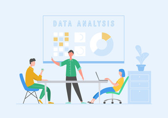 Data analysis concept with characters. Business Meeting Teamwork Concept. Man and Woman with Laptop. Colleagues Communicating Brainstorming, Discussion Idea. Vector flat cartoon illustration